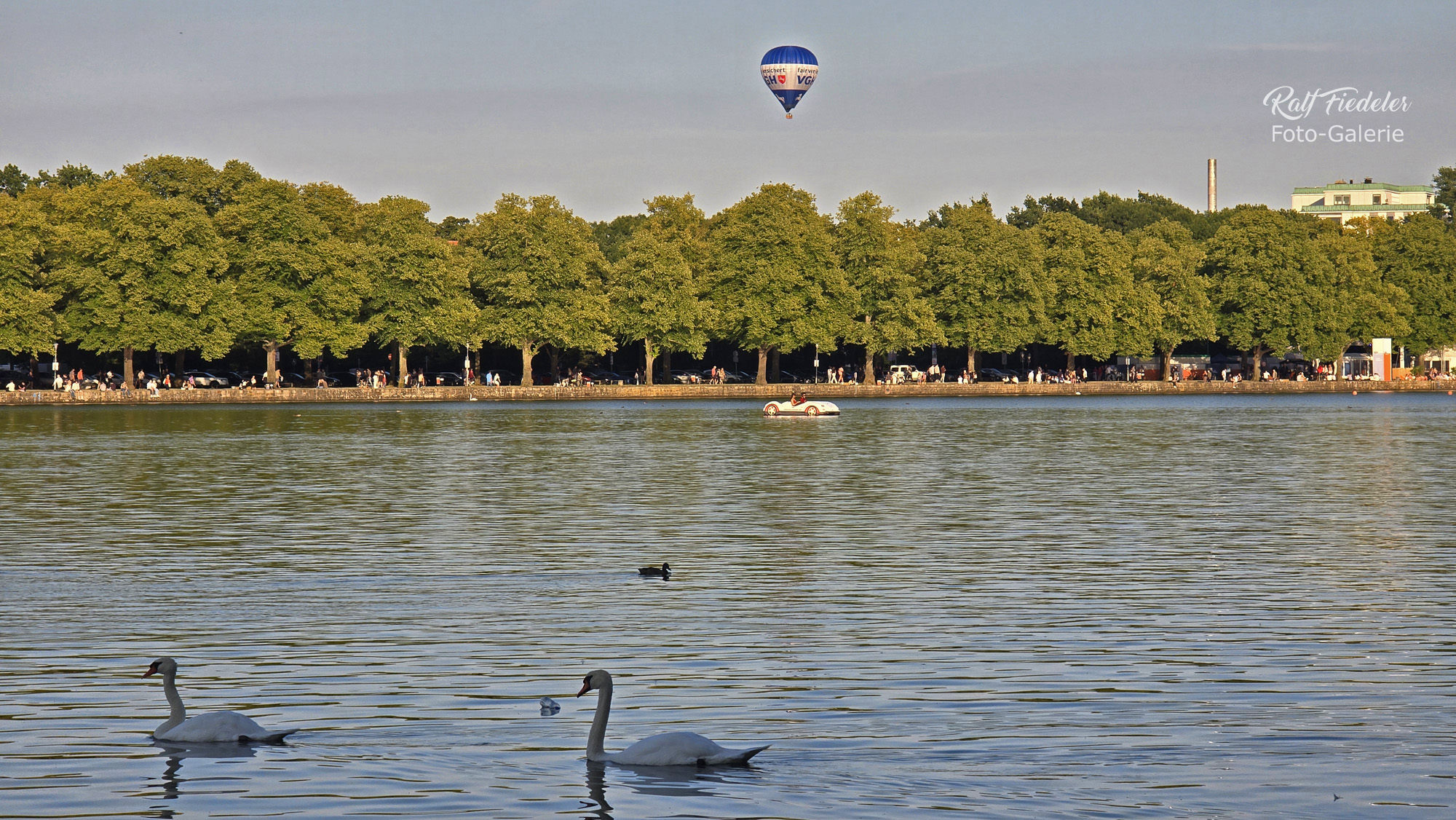 Maschsee mit Heißluftballon und zwei Schwänen im Vordergrund